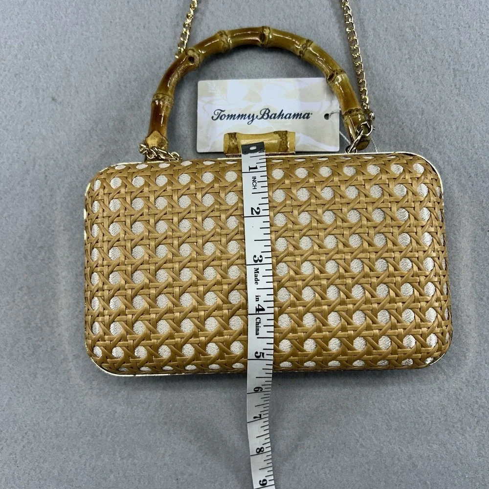Tommy Bahama Woven Cane Bamboo Handle Clutch Bag Gold Chain Strap Tan White NEW